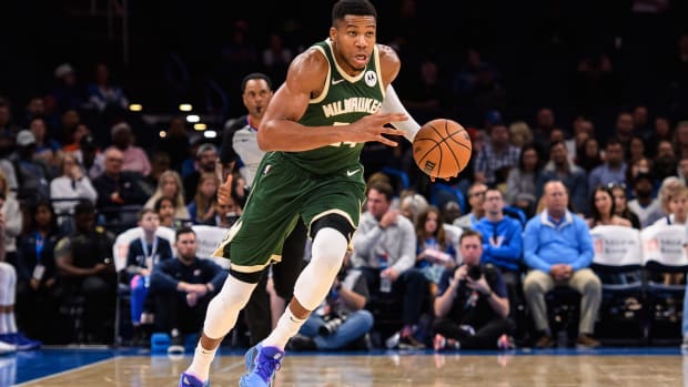 Oct 17, 2023; Oklahoma City, Oklahoma, USA; Milwaukee Bucks forward Giannis Antetokounmpo (34) dribbles during the second half against the Oklahoma City Thunder at Paycom Center. Mandatory Credit: Rob Ferguson-USA TODAY Sports  